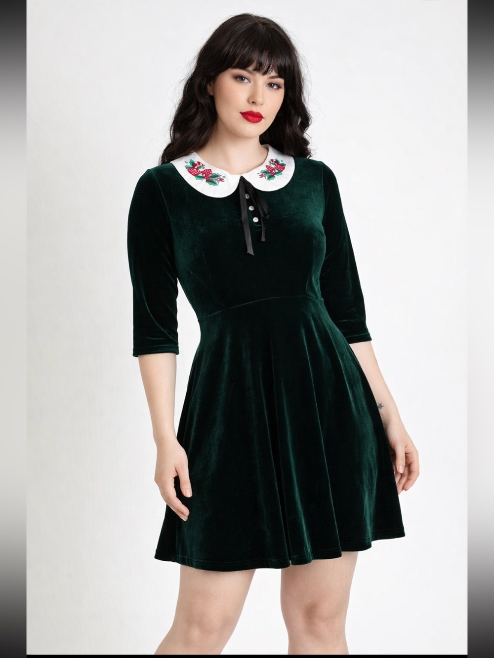 Hell Bunny Green Velvet Dress Peter Pan White CollarEmbroidered Vintage Goth Mod